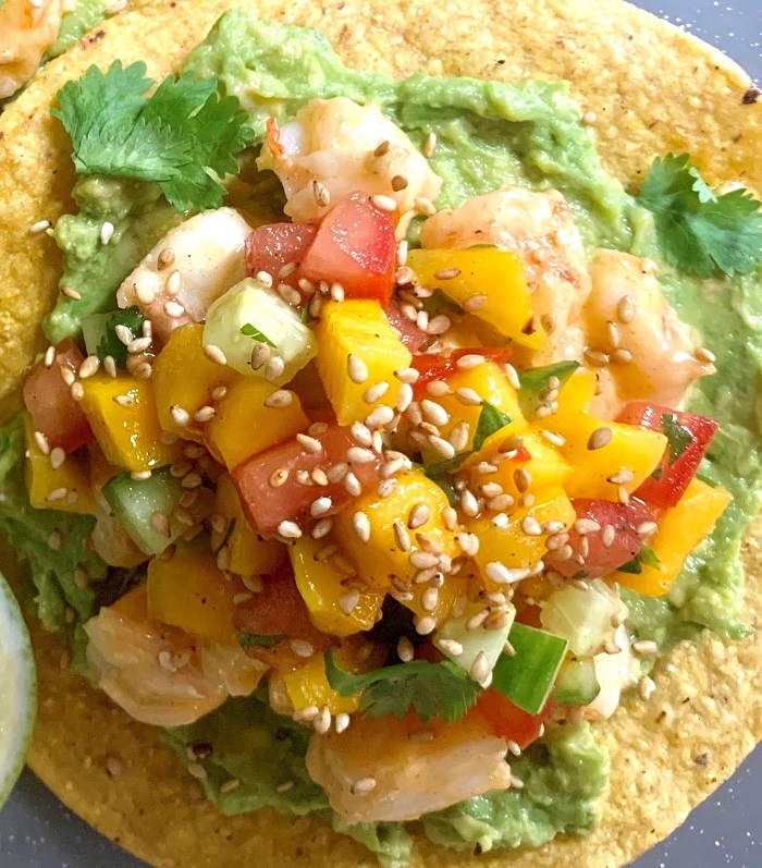 Bang Bang Sesame Shrimp Tostadas with Mango Salsa